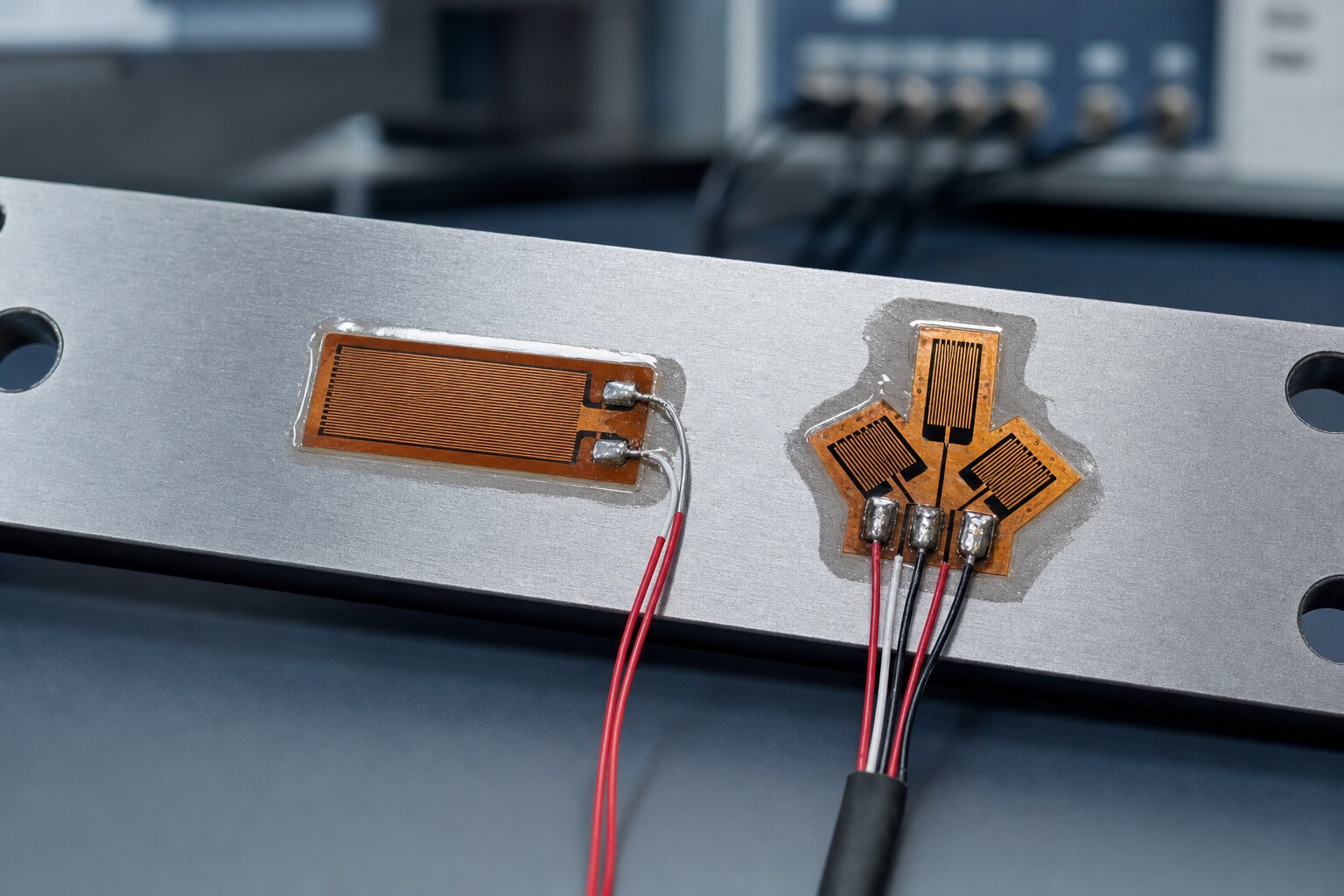 Foil strain gauge and three-element strain rosette bonded to a steel member